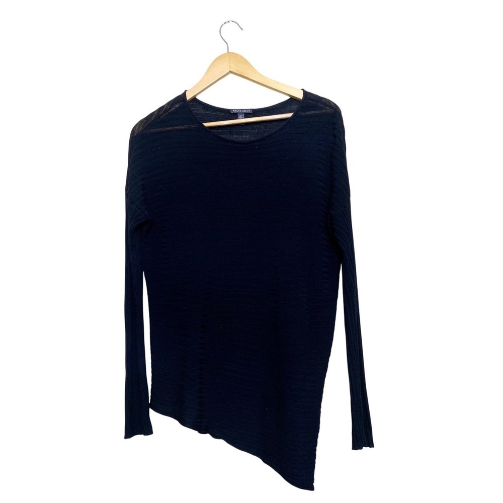 Eileen Fisher Womens Black‎ Sheer Knit Asymmetrical Hem Long Sleeve Top Small